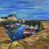 Blue sky of dusk reflected in the waters of the harbour around the moored boats