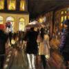 People walking in the rain towards lighted buildings