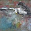 Gull with wings streched out on an abstract background