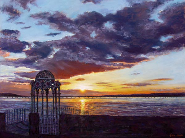 Sunset Over The Tay Bridge, Pastel on Panel